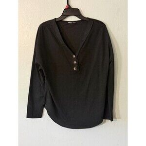 Shein Black Long Sleeve Henley Shirt Size Medium 3 Button Down V-Neck NWOT MINT